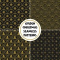 Set of seamless Christmas patterns with golden holiday elements on black background. Royalty Free Stock Photo